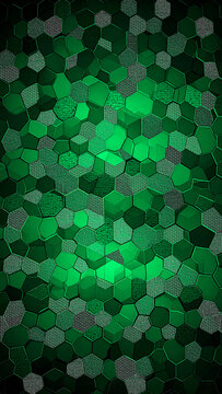 Futuristic Green Glowing Hexagonal Pattern with Mixed Textures and Geometric Honeycomb Grid