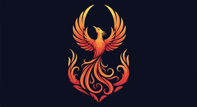 Mythical phoenix with fiery plumage and elaborate tail on dark background