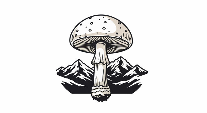Hand-drawn mushroom and mountains, illustrative style, vintage aesthetic
