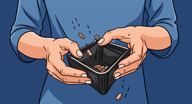Hands holding an open, empty wallet with a few coins falling out