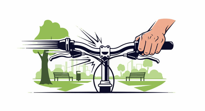 Hand grips handlebars of a bicycle moving through a park landscape