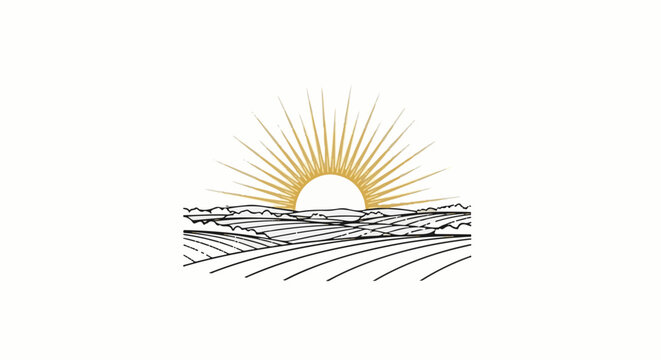 Golden sun rising over rolling cultivated fields in a sketch