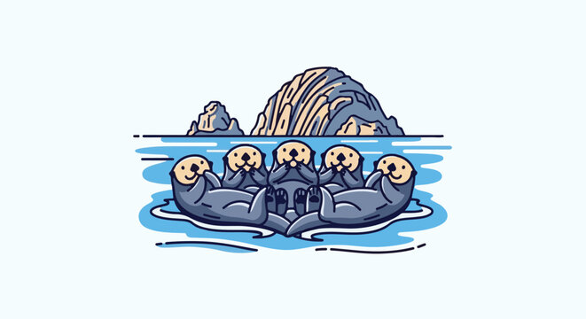 Cute otters floating on water near rocky islands