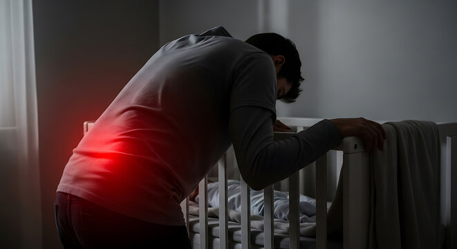 Parent suffering from lower back pain while leaning over a baby crib, illustrating the physical demands of childcare.