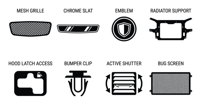 Car grille chrome slat emblem radiator support hood latch access bumper clip