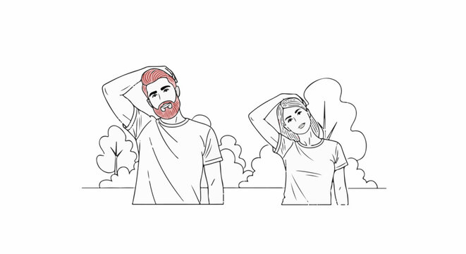 Couple doing neck stretches outdoors near bushes, man with red beard