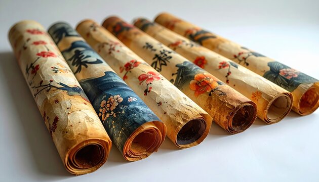 Hand-painted Asian rice paper scrolls with floral and landscape motifs, artistic heritage