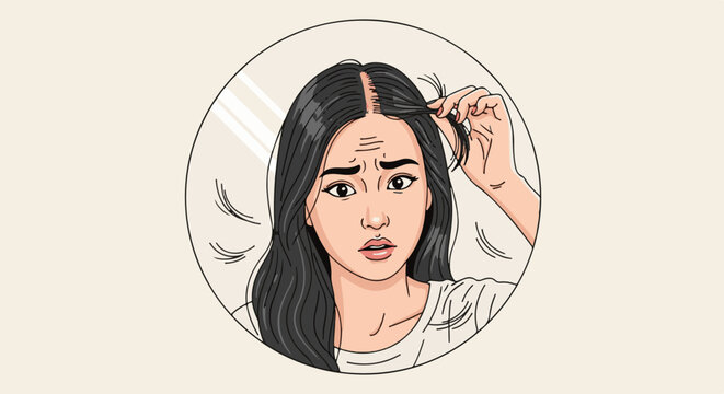 Concerned woman examining thinning hair in mirror