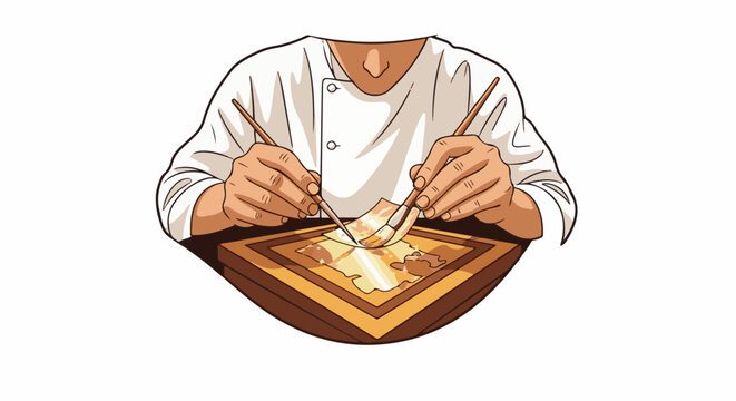 Chef meticulously preparing a delicate dish with precision tools and flair