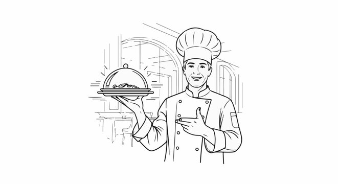 Cheerful chef proudly presents a covered dish in a restaurant setting