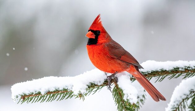 Vibrant Cardinal Perched on Snow-Covered Branch in Winter.