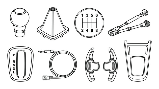 Car interior parts and accessories set linear icons on transparent background