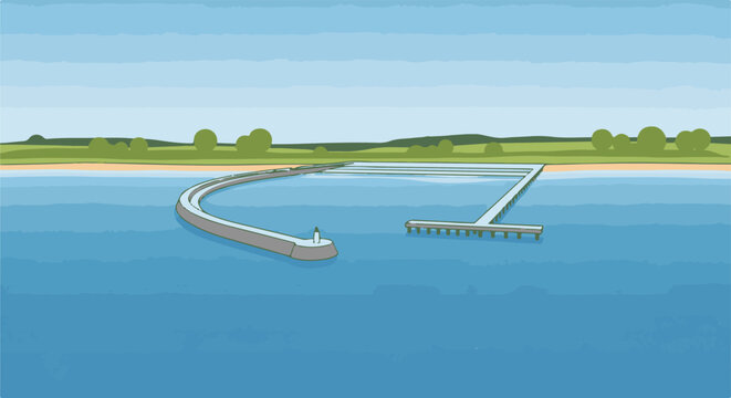 Calm blue water with piers and a green treed coastline