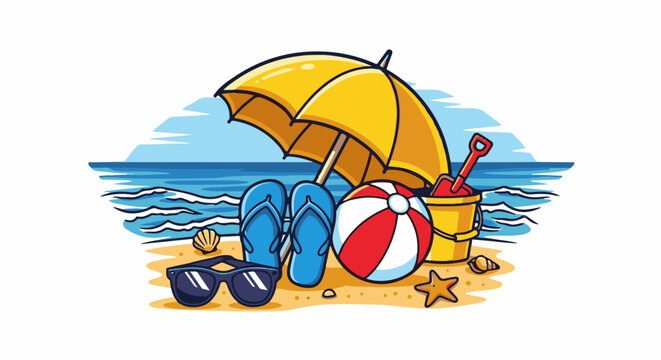 Bright sunny beach scene with umbrella, ball, flip-flops, and toys