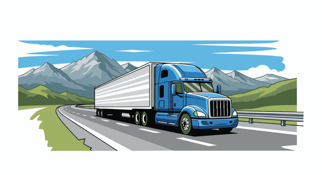 Blue semi-truck drives down a winding mountain highway under a cloudy sky