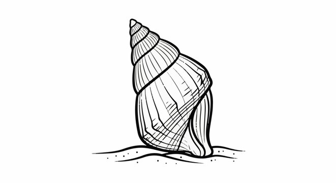 Black and white sketch of a spiral seashell resting on sandy beach