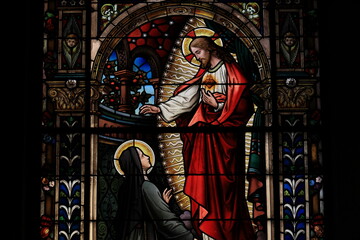 San Gioacchino in Prati Church Stained Glass Window Detail Depicting the Sacred Heart of Jesus and Saint Margaret Mary Alacoque in Rome, Italy.JPG © Monica