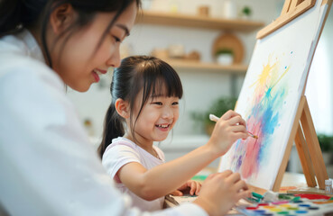 Obraz premium Asian mom teaches daughter painting on easel. Young girl happily draws with watercolors, creating colorful art. Family bonding indoors, enjoying creative playtime together.