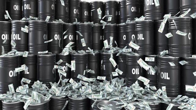 American dollars falling over black oil barrels