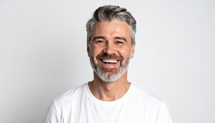 Obraz premium Smiling senior man wearing white t-shirt standing alone indoors