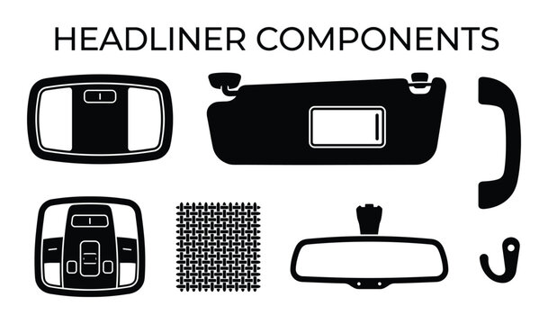 Headliner components silhouette set with sun visor overhead console rear view mirror and grab handle