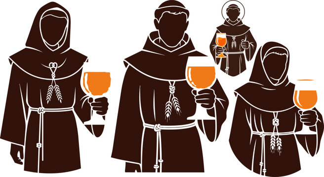 Vintage monk beer brewery vector set, medieval friar holding ale goblet, traditional monastery brewing characters for craft beer labels