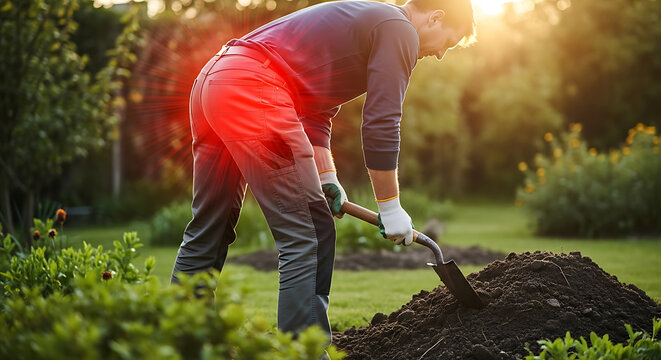 Man digging soil with a shovel in a sunny garden. Gardener working outdoors, cultivating ground for planting during golden hour.