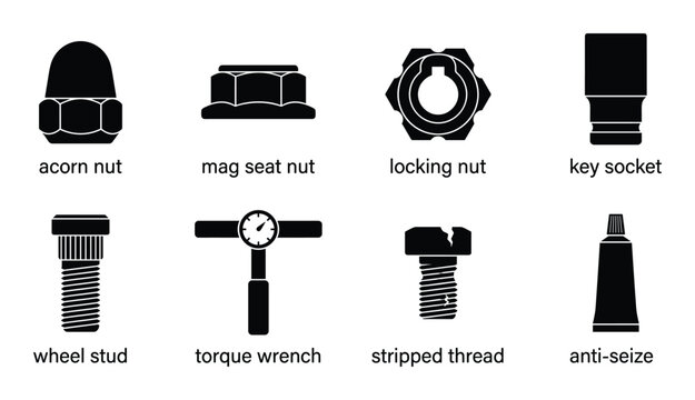 Lug nut types and wheel mounting hardware silhouette icons for car maintenance and tire installation