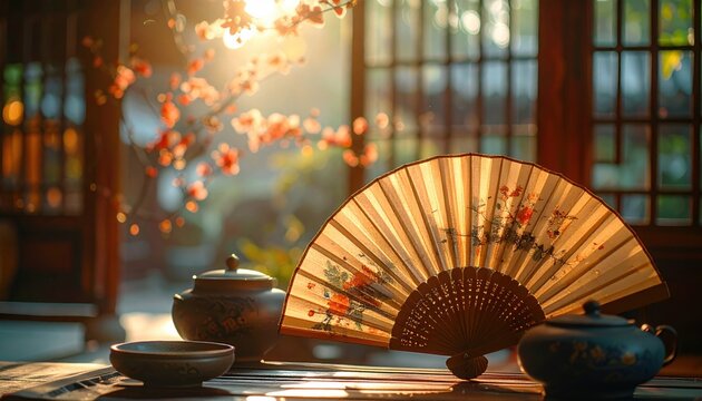 Hand-painted Silk Fan with Floral Design and Tea Set in Warm Sunlight