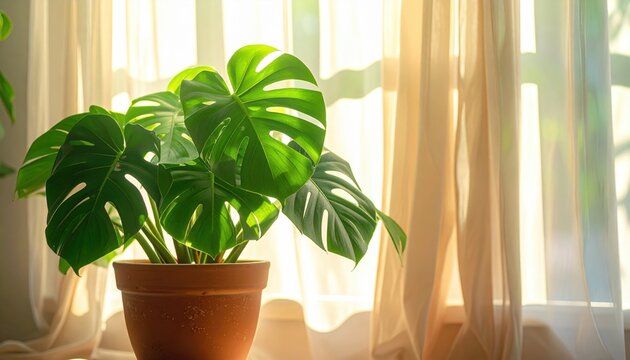 Vibrant green Monstera deliciosa plant with lush foliage thriving indoors near sunlight and soft curtains.