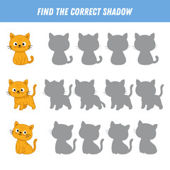 Fototapeta premium Find correct shadow of cartoon cat. Educational logical game for kids. Funny orange kitten. Vector illustration