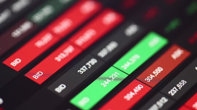 Trading screen with bid and ask prices, stock market and exchange data. Investment strategy, trading board, market data, analyzing, business.