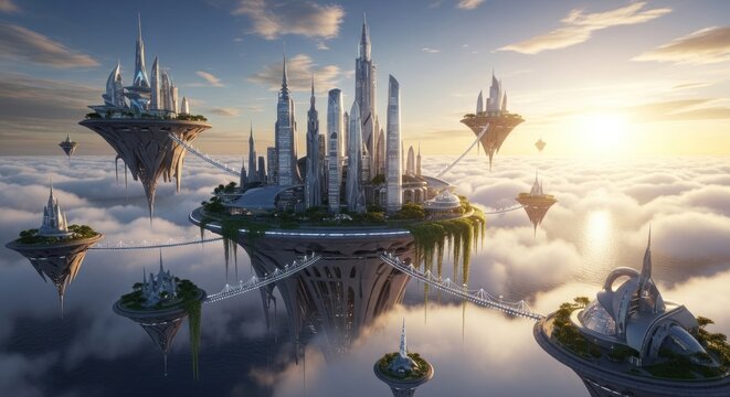 Futuristic utopian city floating above clouds at sunrise