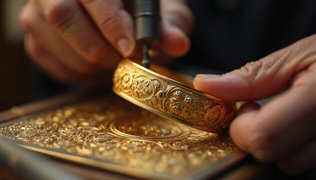 Artisan engraves intricate design on gold bracelet using fine tool. Detail work on luxury jewelry piece. Craftsmanship transforms metal into art.
