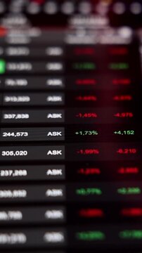 Stock market screen with bid and ask prices. Trading board, investment strategy, market data, analyzing, business.