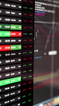 Stock market screen with bid and ask prices. Trading board, investment strategy, market data, analyzing, business.