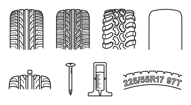 Outline tire tread patterns and depth gauge icons collection on transparent checkered background vector