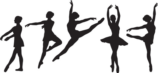 Collection of five elegant female ballet dancers in silhouette performing various graceful poses isolated on a white background © GraphicGrove