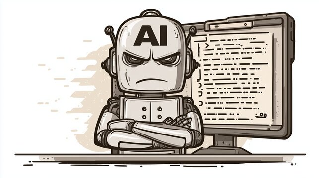 A frustrated robot with AI capabilities sitting at a computer desk