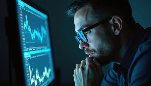 Man in glasses looking at computer screen with stock market graphs. Focused on financial data analysis in dark room. Thinking about charts and numbers.