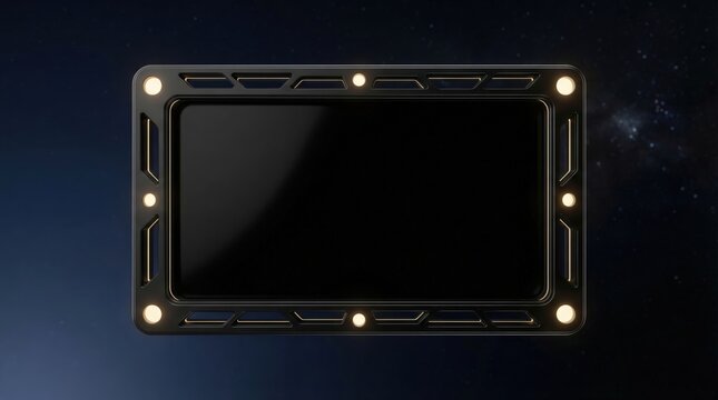Futuristic rectangular digital screen frame with glowing yellow lights and metallic black border against a dark starry nebula background