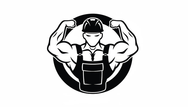 Gym bodybuilder flexing arm icon with muscular outline and barbell helmet logo style featuring flex, workout, strength training with athlete and
