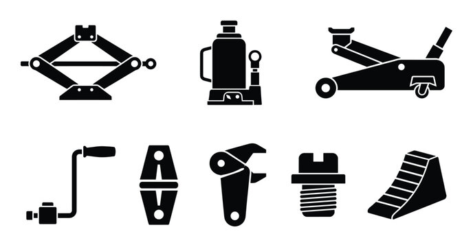 Set of black silhouettes of car jacks and vehicle repair tools on transparent background