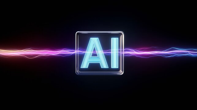 A futuristic neon AI logo with purple and blue lights on a black background
