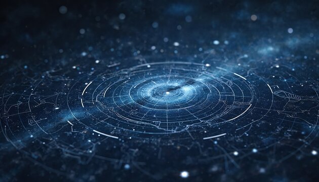 Abstract view of glowing star map with celestial patterns and cosmic dust. Digital graphic shows navigation chart with orbits and twinkling lights on dark space background.