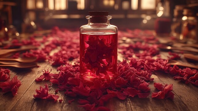 Botanical elixir in glass bottle, surrounded by flower petals