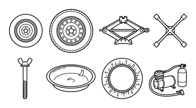 Set of outline icons of car tires and vehicle repair tools on transparent background