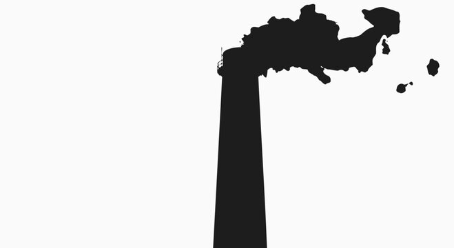 A black silhouette of a lighthouse with a rocky coastline on a white background