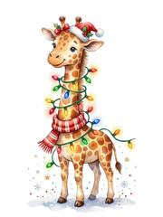 Naklejka premium Watercolor illustration of cute giraffe with Christmas lights scarf and hat isolated on white or transparent background