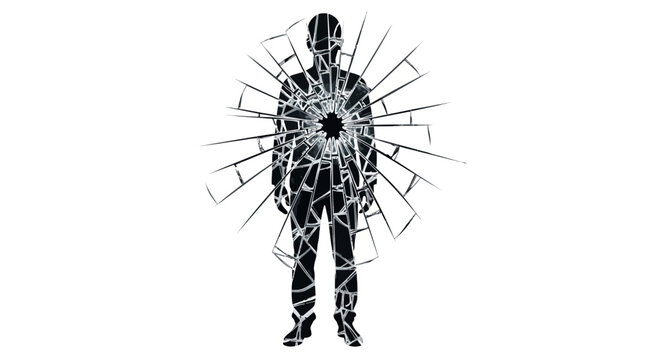 A black silhouette of a man with shattered glass effect around his body, symbolizing emotional pain and distress.